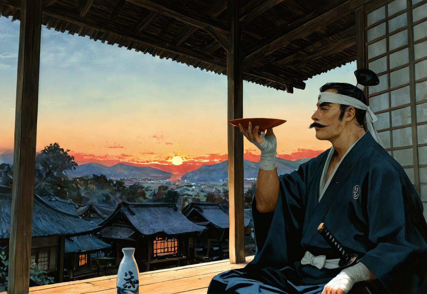 Un’illustrazione che raffigura un samurai maturo, con i baffi e i capelli raccolti in una crocchia, seduto su una veranda al tramonto e con in mano una coppa di sake rossa, mentre osserva un villaggio giapponese.