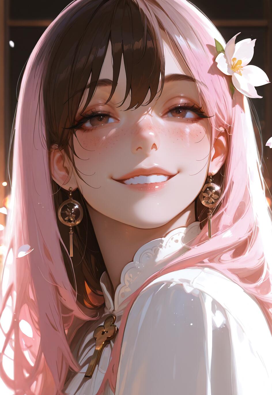Illustrazione digitale di Neopolitan, personaggio della serie RWBY: una giovane donna con i capelli metà rosa e metà marroni, che sorride dolcemente allo spettatore. Ha un fiore bianco tra i capelli, indossa un abito bianco e porta orecchini dorati.