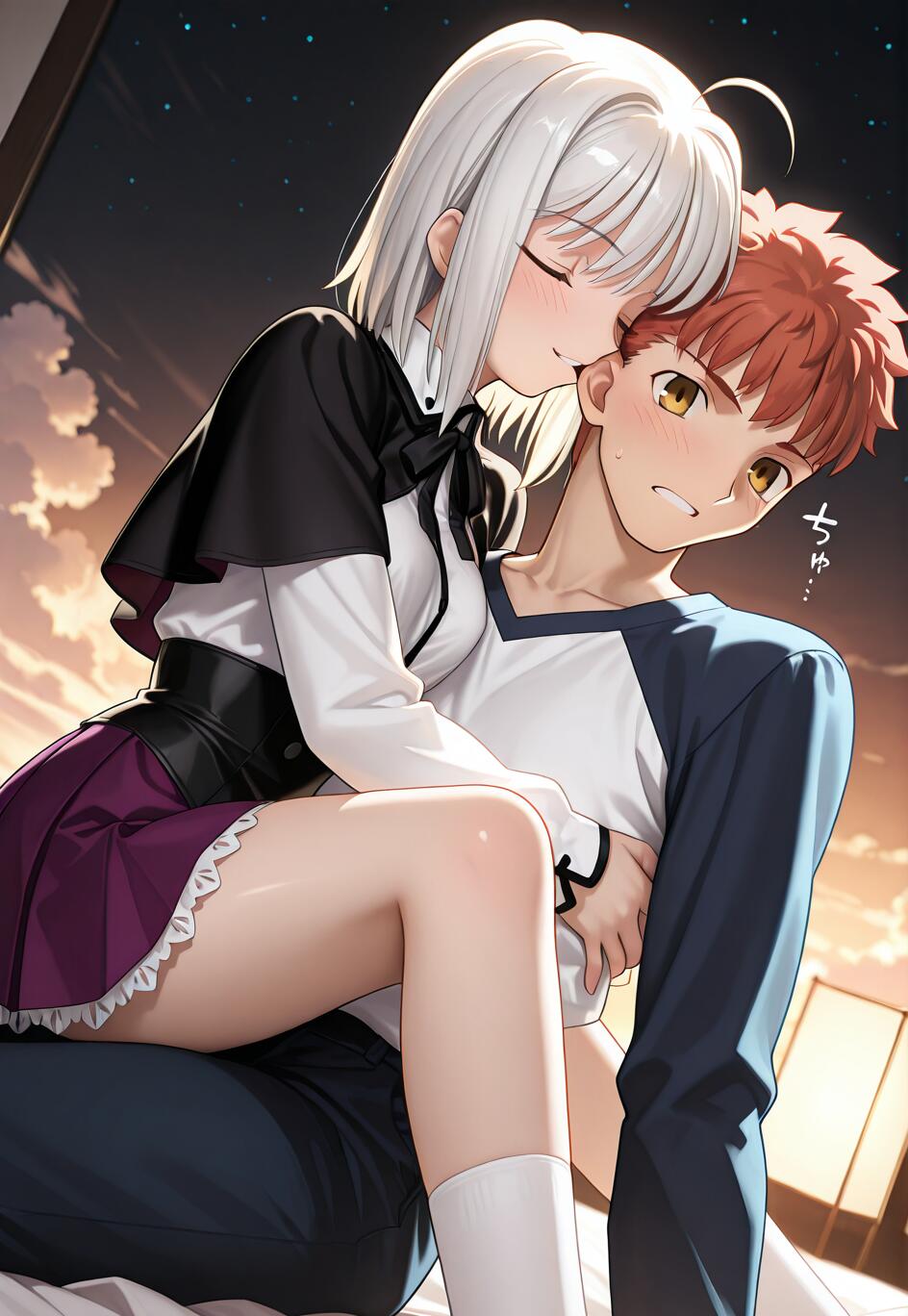 Una ragazza anime dai capelli bianchi, con gli occhi chiusi, è seduta sulle ginocchia di un Emiya Shirou visibilmente turbato, proveniente da Fate/stay night, e lo bacia sulla guancia in una stanza illuminata fiocamente durante la notte.