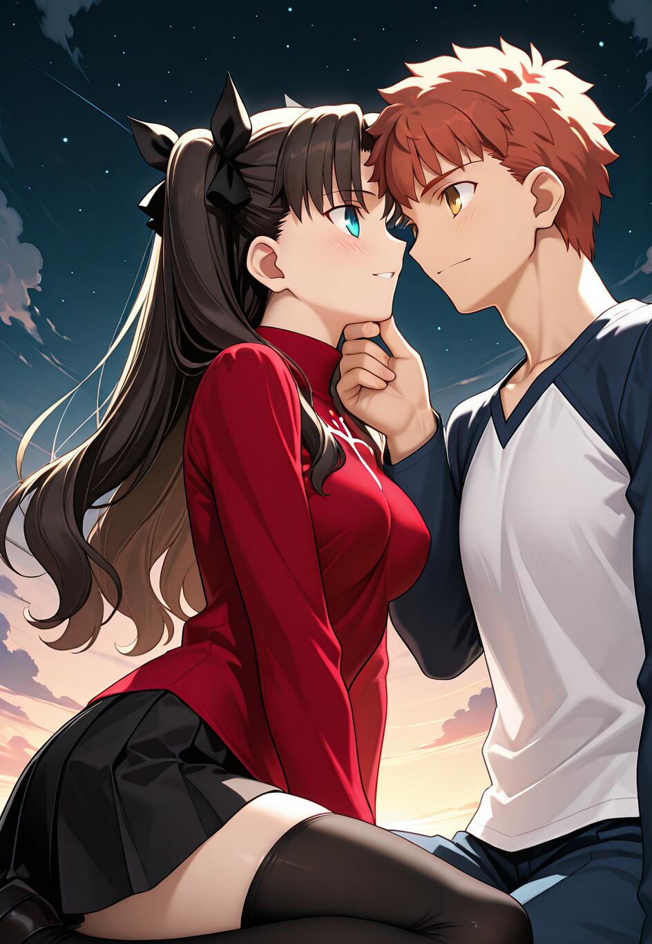 Un’illustrazione in stile anime che ritrae Rin Tohsaka e Shirou Emiya, personaggi di Fate/stay night, in un momento romantico. Shirou tiene il mento di Rin mentre si guardano negli occhi sotto un cielo stellato.
