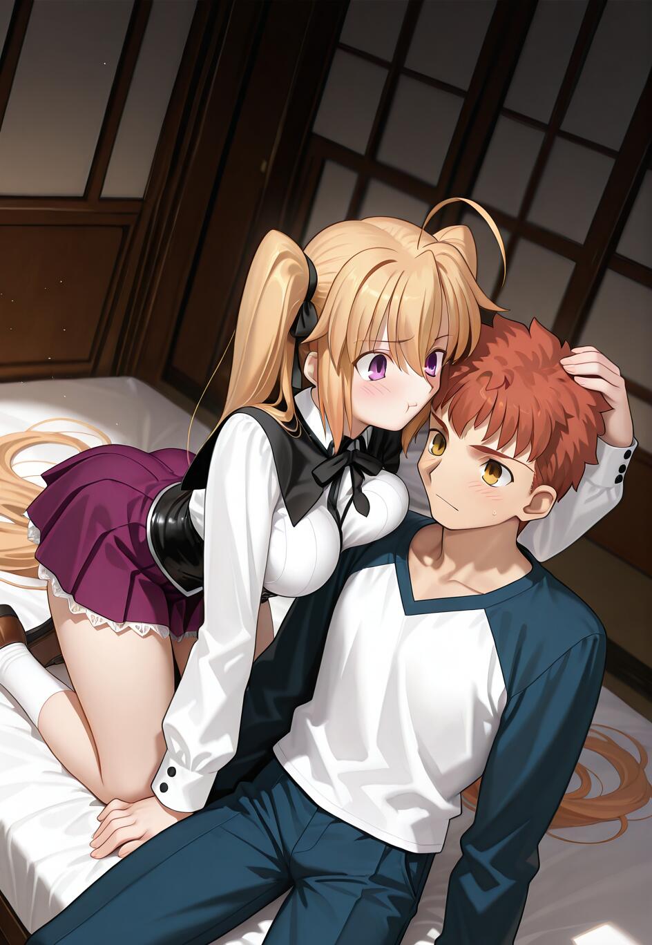 Un’illustrazione in stile anime che rappresenta un crossover tra Fate/stay night e High School DxD. Irina Shidou, una ragazza bionda con i capelli raccolti in due codini, è inginocchiata su un letto e si china su Shirou Emiya, un ragazzo dai capelli rossi, accarezzandogli la testa. Lui è sdraiato e la guarda con un leggero rossore sulle guance.