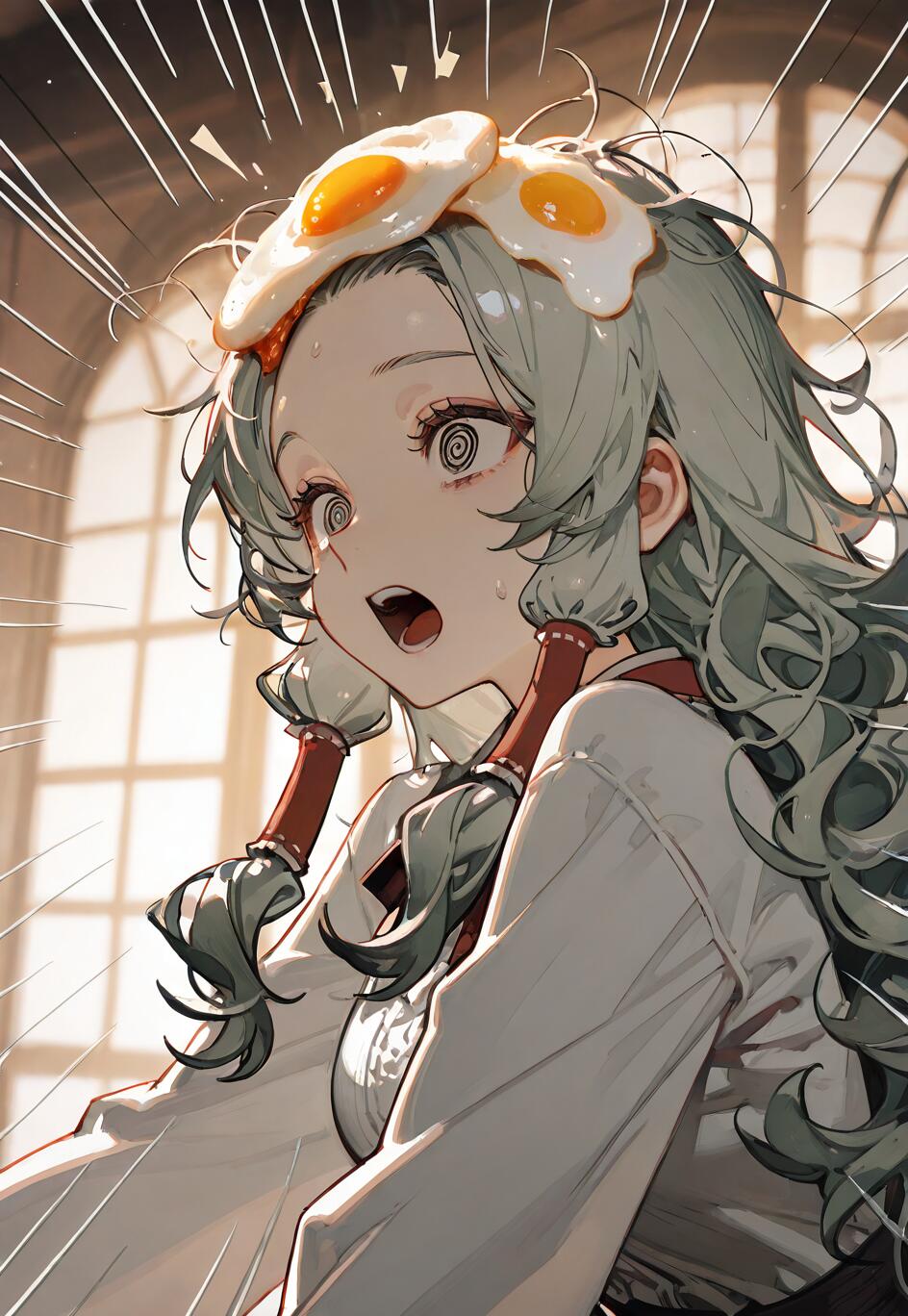 Una ragazza in stile anime, con capelli mossi di colore verde chiaro e occhi a spirale, che appare sbalordita, con la bocca aperta, mentre due uova fritte sono appoggiate sulla sua testa.