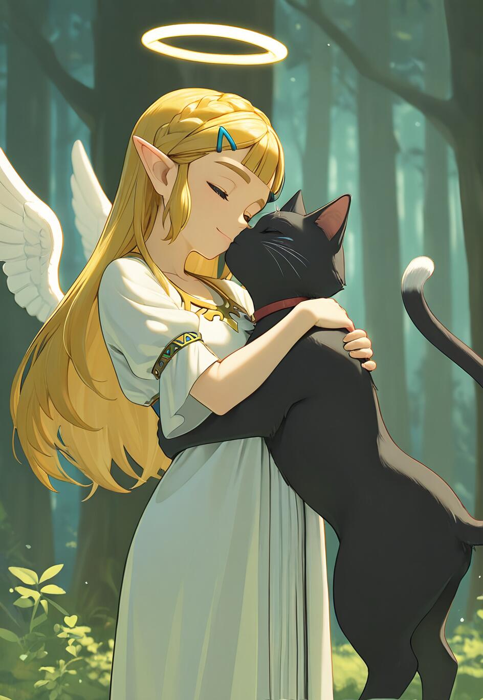 Un’illustrazione in stile anime che raffigura la principessa Zelda con ali angeliche e un’aureola, mentre abbraccia con affetto un gatto nero in un ambiente boschivo.