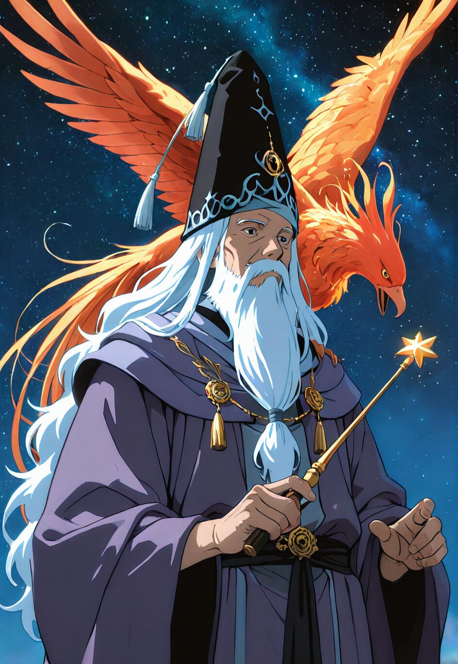 Un ritratto in stile anime di Albus Silente, un mago con una lunga barba bianca e una veste viola, che tiene in mano una bacchetta con una punta a forma di stella, con un grande fenice arancione alle sue spalle, sullo sfondo di un cielo notturno stellato.