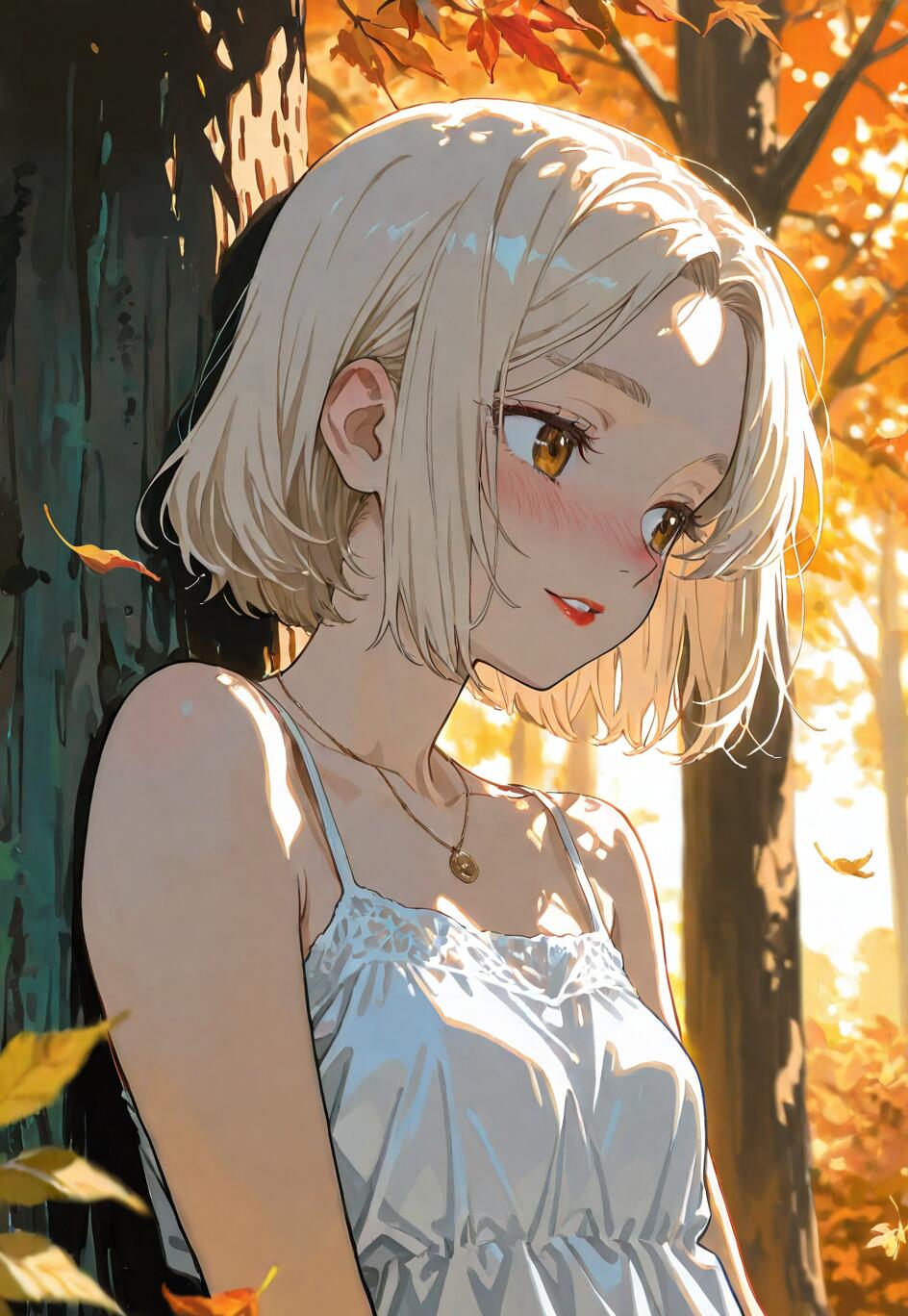 Una bellissima ragazza in stile anime, con corti capelli biondo platino e un abito bianco, è appoggiata a un albero in una foresta autunnale, durante l’ora d’oro, e sorride dolcemente mentre guarda di lato.