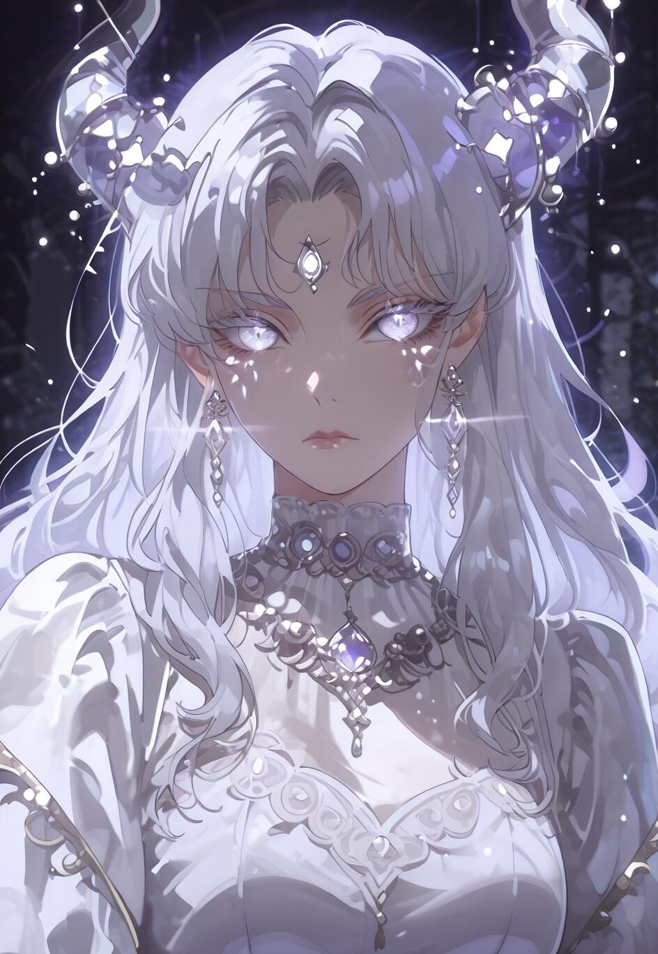 Un ritratto in stile anime di una bellissima donna con lunghi capelli bianchi, occhi bianchi luminosi e corna cristalline. Indossa un elegante abito bianco e preziosi gioielli d’argento, il tutto su uno sfondo scuro e scintillante.