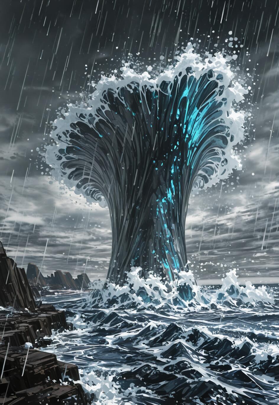 Un suggestivo dipinto fantasy che raffigura un mare in tempesta, con un’enorme colonna d’acqua a forma di albero che si innalza, illuminata da una luce blu intensa proveniente dall’interno. La pioggia cade da un cielo scuro e nuvoloso sull’oceano agitato e su una costa rocciosa.