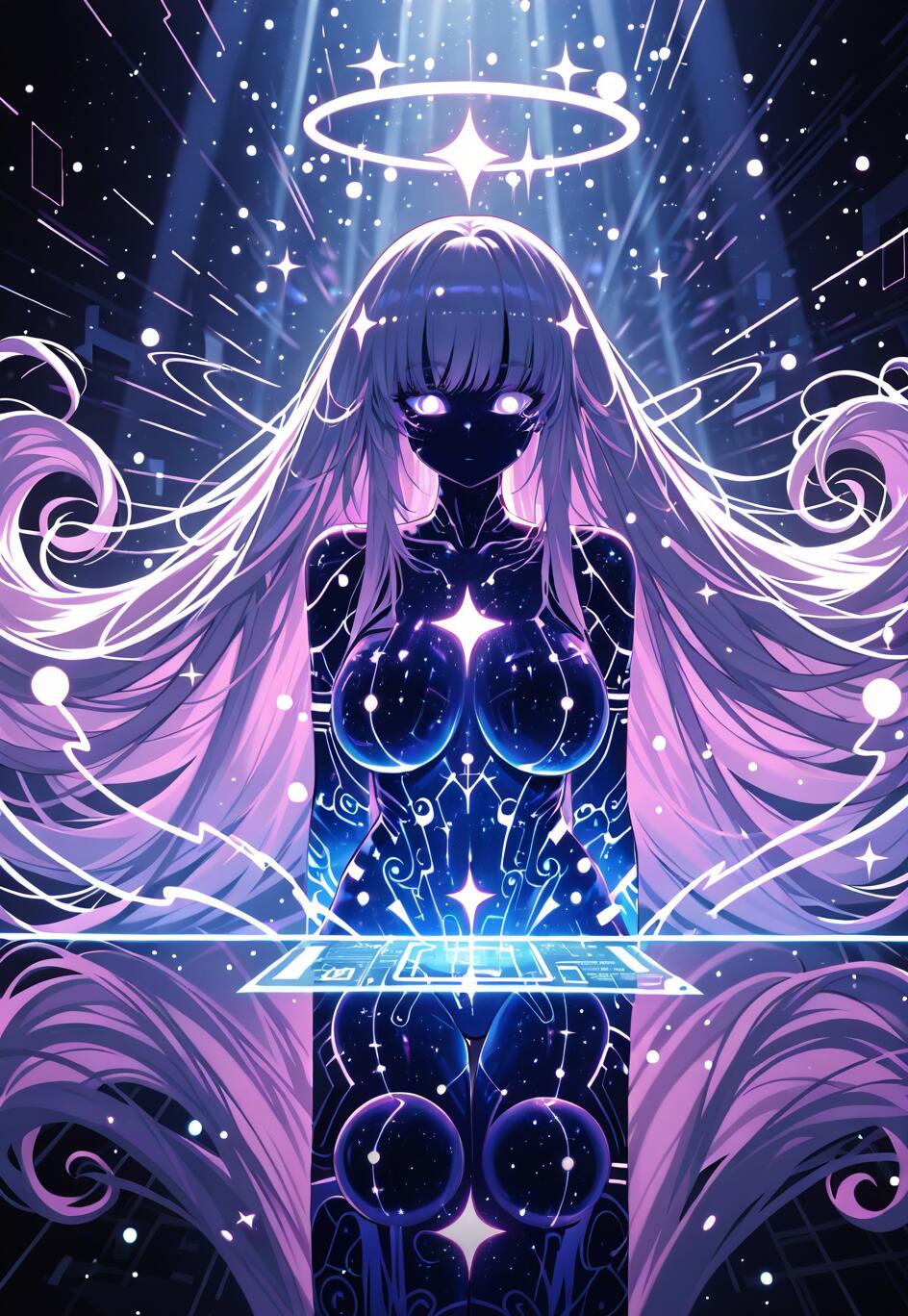Una donna di aspetto celestiale, in stile anime, con lunghi capelli color lilla, la pelle decorata con motivi galattici e un alone stellato, che interagisce con una tastiera olografica fluttuante in uno spazio cosmico e digitale.