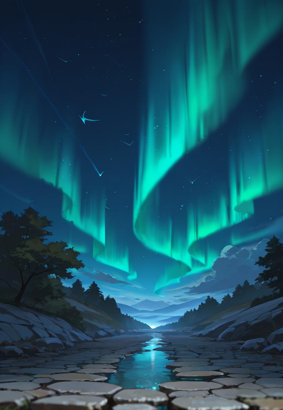 Un’incantevole illustrazione digitale che raffigura un sentiero acciottolato che si snoda attraverso una valle di notte, con una maestosa aurora boreale verde che illumina il cielo e si riflette in un ruscello che scorre lungo il sentiero.