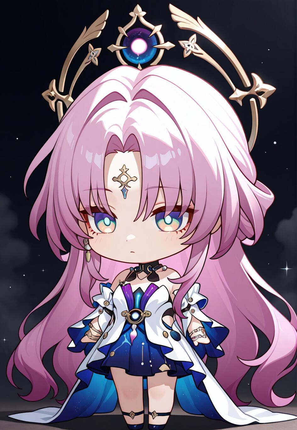 Un adorabile disegno in stile chibi di Fu Xuan, tratta da Honkai: Star Rail. Ha lunghi capelli rosa, una corona dorata e un elaborato abito bianco e blu, ed è rappresentata su uno sfondo scuro costellato di stelle.