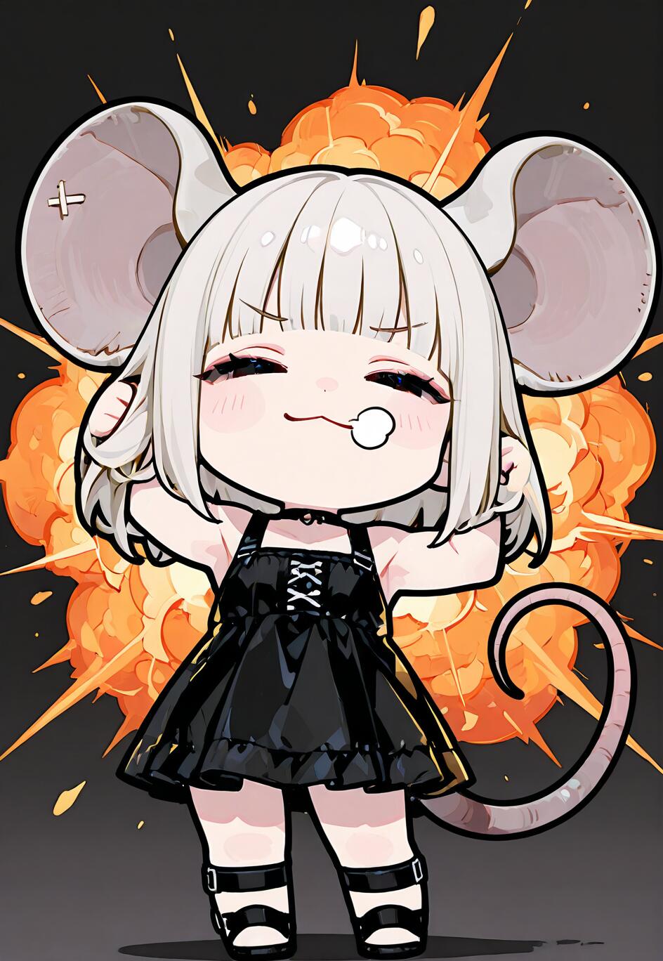 Una ragazza in stile chibi, tratta da un anime, con grandi orecchie da topo e capelli argentati, identificata come Nazrin del progetto Touhou. Indossa un vestito nero e si mostra con sicurezza di fronte a una violenta esplosione.