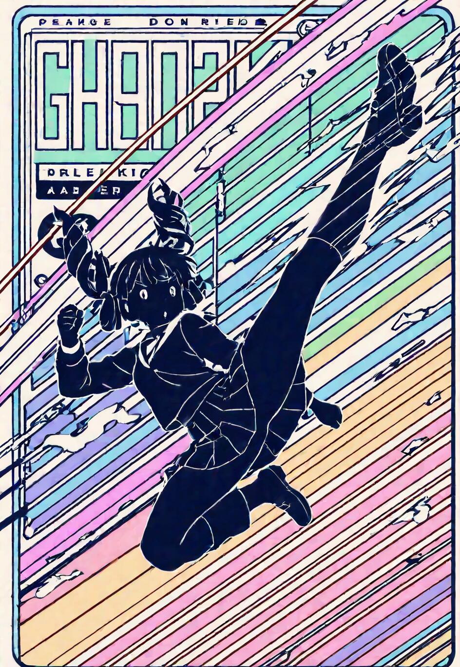 Un’illustrazione digitale in stile anime che raffigura la sagoma di una studentessa con i capelli raccolti in due codini, intenta a eseguire un calcio acrobatico. La figura è delineata in bianco su uno sfondo di colorate strisce diagonali dai toni pastello, creando un effetto di velocità e dinamismo.