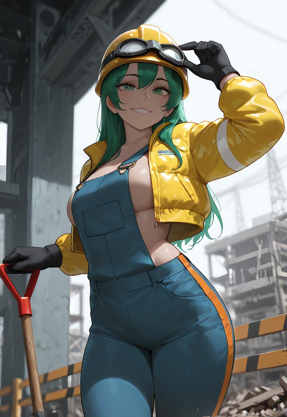 Una ragazza anime con lunghi capelli verdi e un sorriso sicuro di sé, vestita da operaia edile con un casco giallo, una giacca gialla e una tuta blu, che tiene in mano una pala in un cantiere.