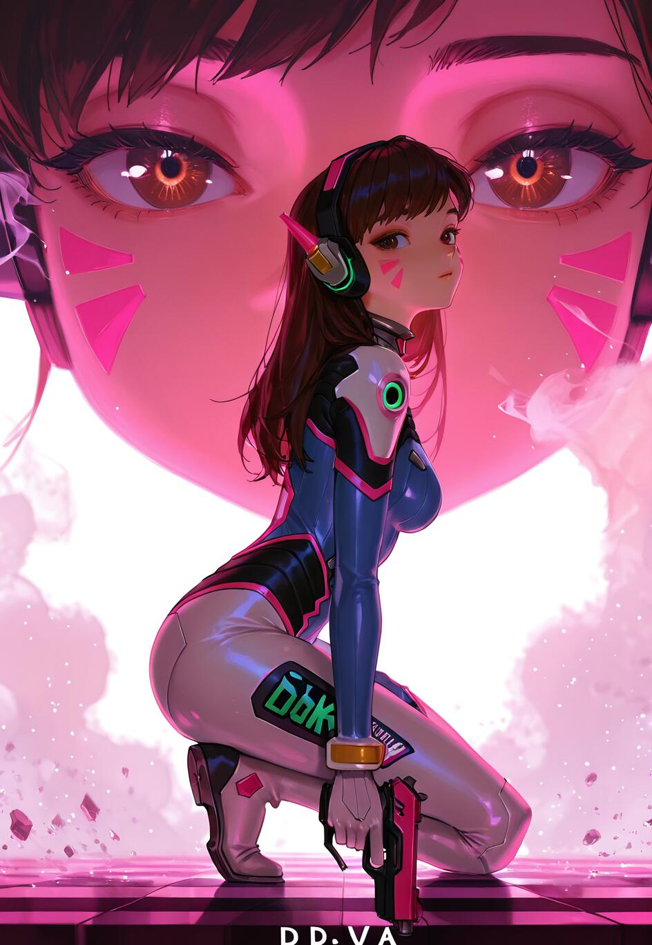 Un’illustrazione che ritrae D.Va, personaggio del videogioco Overwatch, in piedi, con il corpo intero, mentre è accovacciata su un pavimento a scacchi rosa e nero. Indossa la sua tuta da pilota, tiene in mano una pistola rosa e si volta a guardare sopra la spalla. Sullo sfondo si vede un primo piano ingrandito del suo volto, con una leggera tonalità rosa.