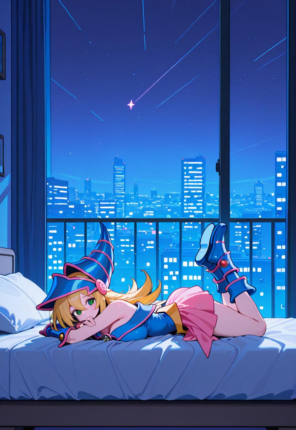 La Maga Oscura, personaggio di Yu-Gi-Oh!, indossa il suo caratteristico abito blu e rosa ed è sdraiata a pancia in giù su un letto in un appartamento di lusso. Dalla finestra si può ammirare il panorama notturno della città e una stella cadente.