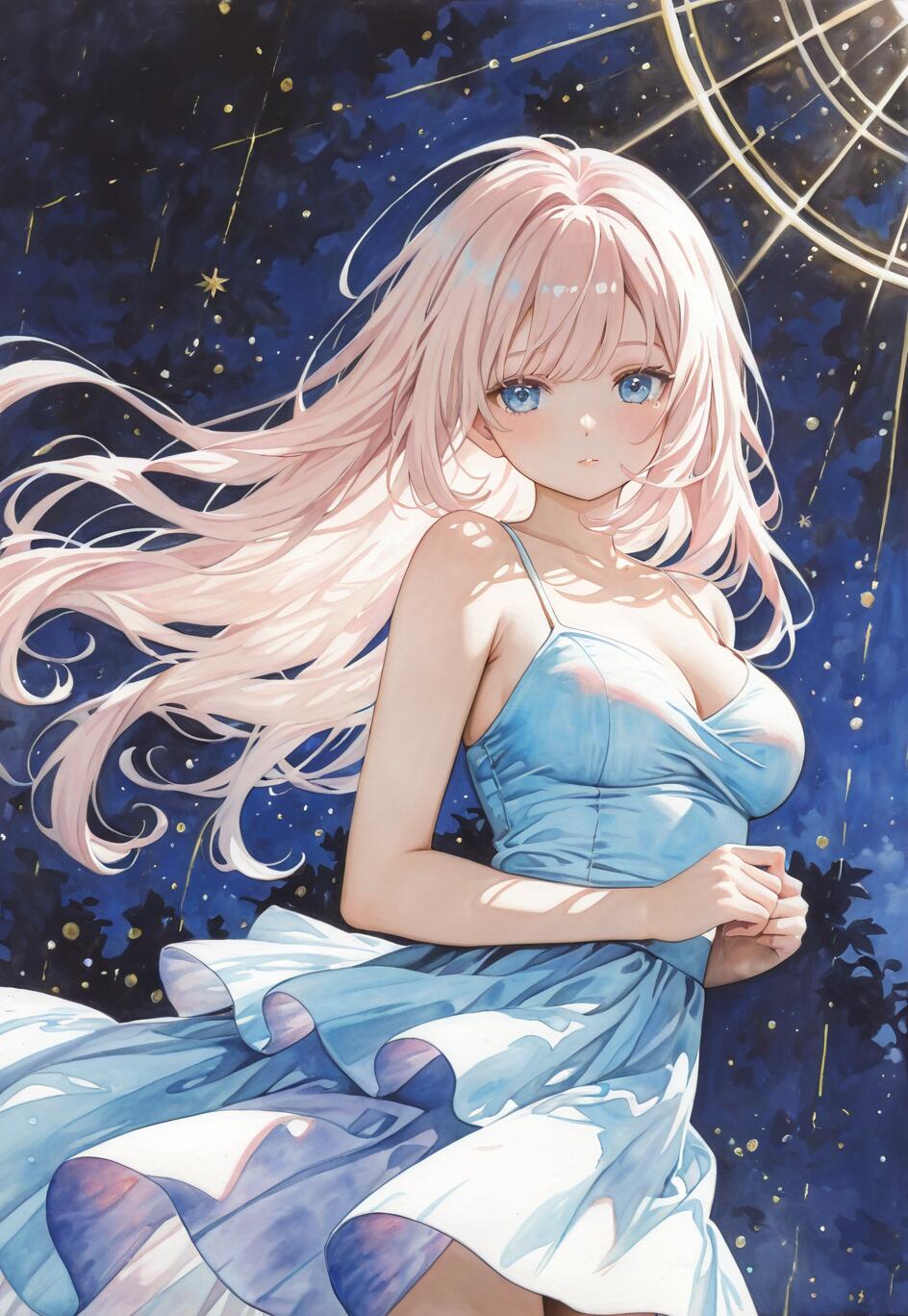 Un’illustrazione in stile anime che raffigura Elysia, personaggio del videogioco Honkai Impact 3rd: una bellissima ragazza con lunghi capelli rosa e occhi azzurri, che indossa un elegante abito azzurro chiaro, sullo sfondo di un cielo notturno magico e stellato.