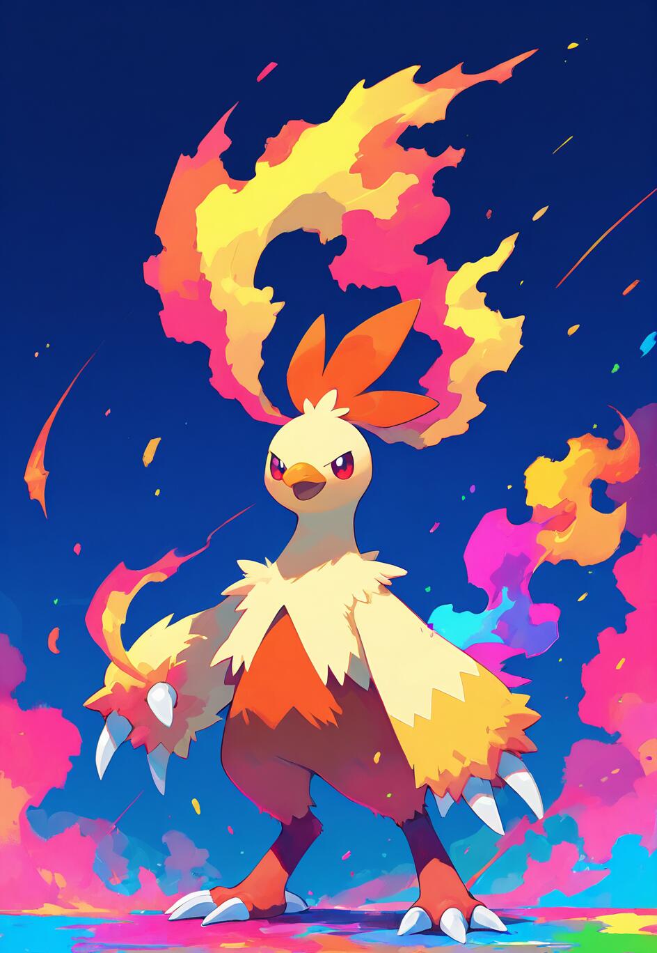 Un’illustrazione digitale del Pokémon Combusken, raffigurato in una posa sicura e decisa. Dalla cresta sulla sua testa fuoriescono delle fiamme, in contrasto con uno sfondo vivace composto da macchie di colore blu, rosa e giallo.