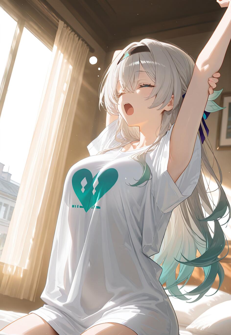 Un’illustrazione in stile anime che raffigura Firefly, personaggio del gioco Honkai: Star Rail: una giovane donna con lunghi capelli argentati e turchesi, seduta su un letto e che si stiracchia, alzando le braccia mentre sbadiglia. La luce del sole filtra da una finestra alle sue spalle, illuminandola in un contesto che sembra essere una camera da letto. Indossa una t-shirt bianca oversize.