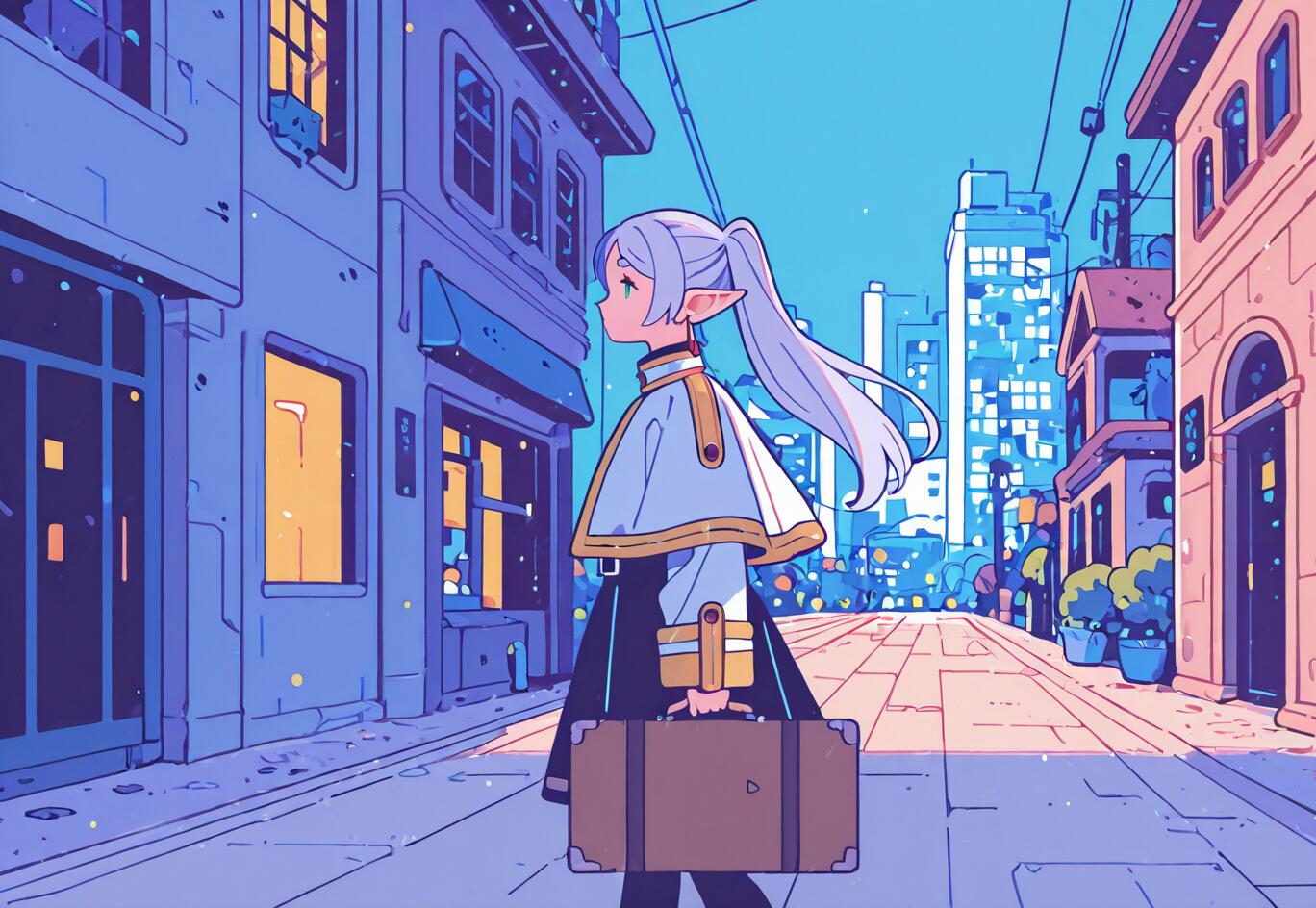 Un’illustrazione in stile anime che raffigura Frieren, una giovane elfa con lunghi capelli bianchi raccolti in una coda di cavallo, mentre cammina lungo una strada di una città moderna. È mostrata di profilo, indossa un mantello bianco e porta con sé una valigia marrone. Gli edifici della città sono rappresentati in tonalità di blu e viola.