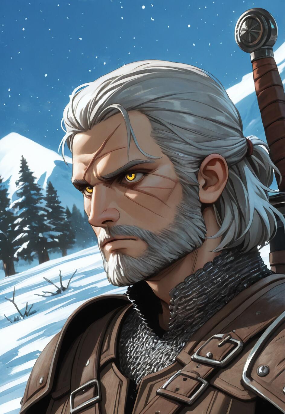 Un’illustrazione di Geralt di Rivia, personaggio della saga di The Witcher, con i capelli bianchi, la barba e gli occhi gialli, che guarda di lato. Si trova in un ambiente montuoso e innevato, indossa un’armatura di cuoio e maglia di ferro e ha una spada sulla schiena.