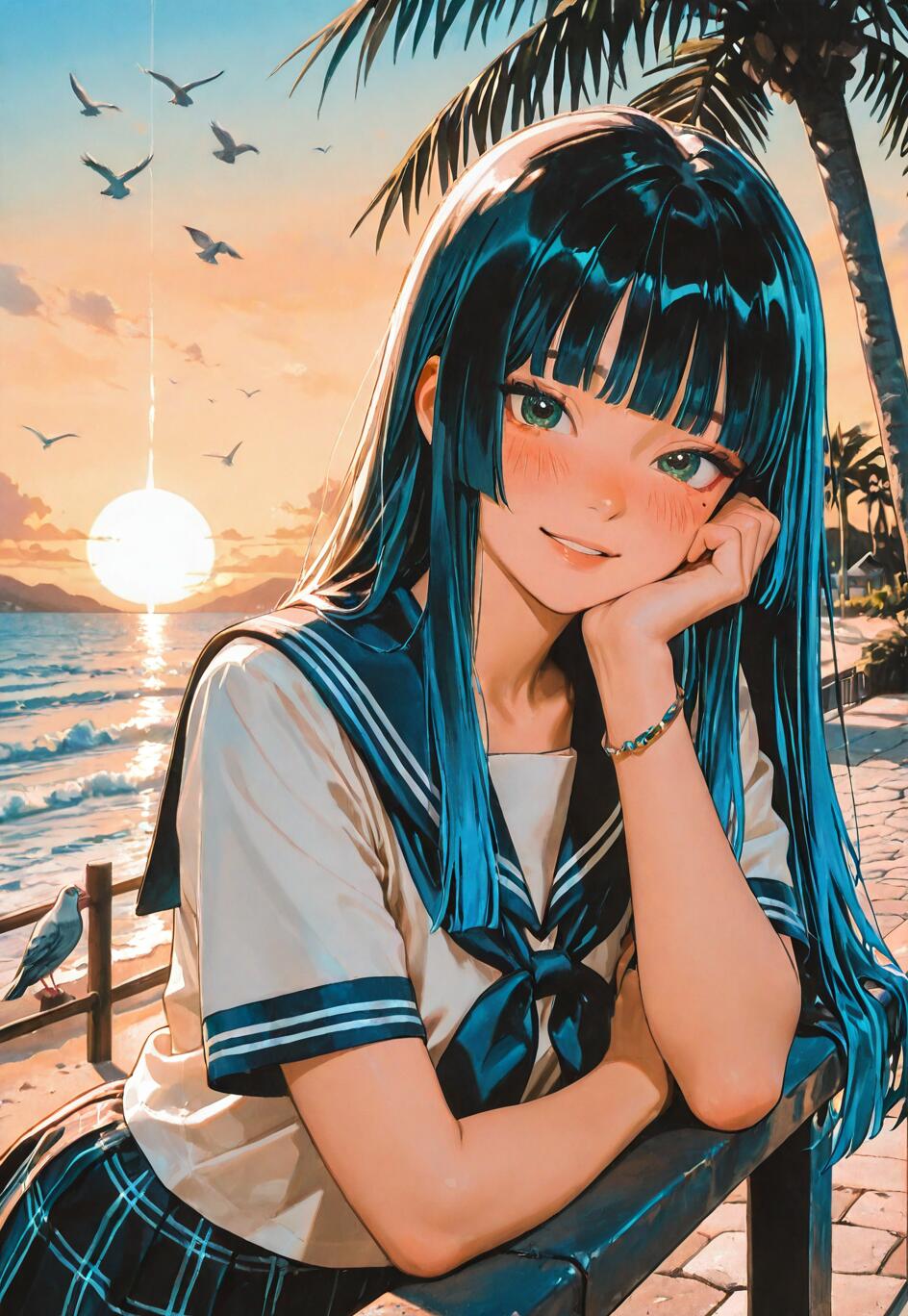 Una ragazza in stile anime, con lunghi capelli blu e occhi verdi, indossa un’uniforme scolastica da marinaia, è appoggiata a una ringhiera e sorride. Lo sfondo è una splendida scena di spiaggia, con il sole al tramonto, palme e uccelli che volano nel cielo.