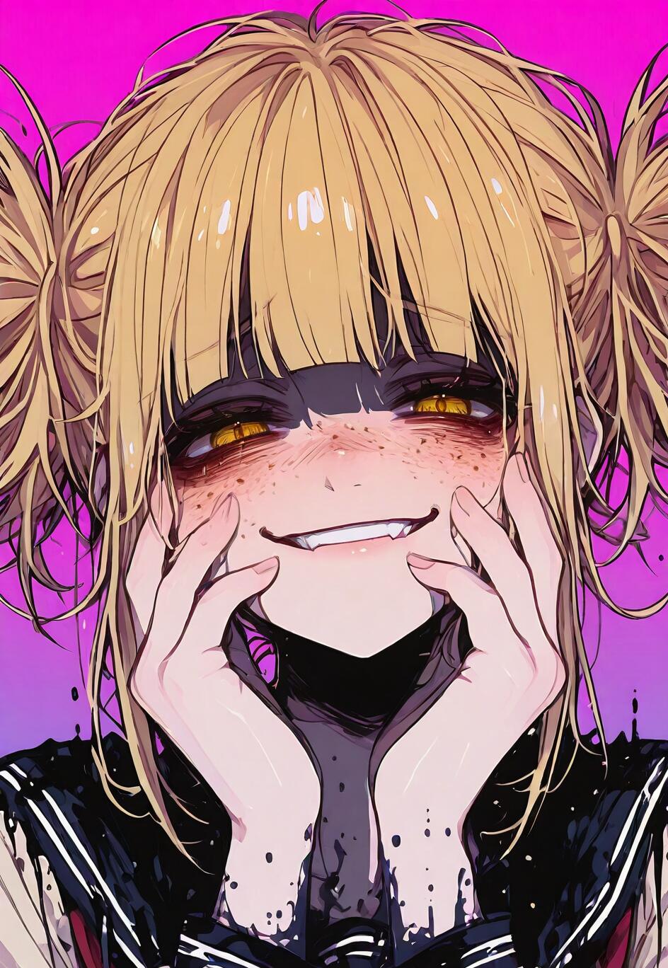 Un ritratto in stile anime di Himiko Toga, tratta da My Hero Academia. Ha i capelli biondi raccolti in due chignon disordinati, gli occhi dorati e un ampio sorriso che mostra i denti. Le mani sono appoggiate sulle guance e la sua espressione è stranamente gioiosa.