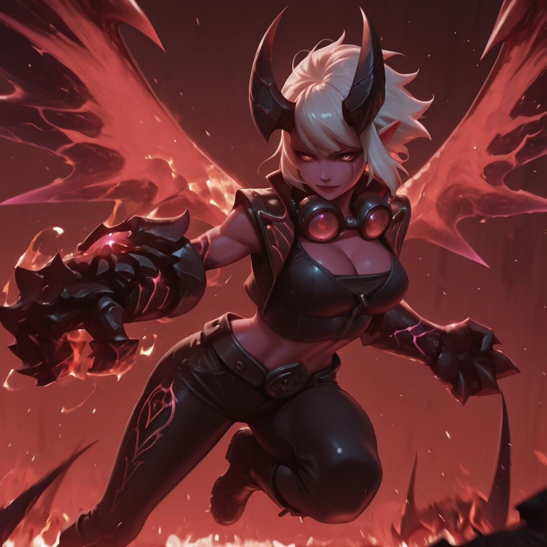 Un’illustrazione digitale di Demon Vi, personaggio del videogioco League of Legends: una potente demone con capelli bianchi, pelle rosa, grandi corna e ali rosse luminose, che si lancia in avanti con un’enorme guantiera in un paesaggio infuocato.
