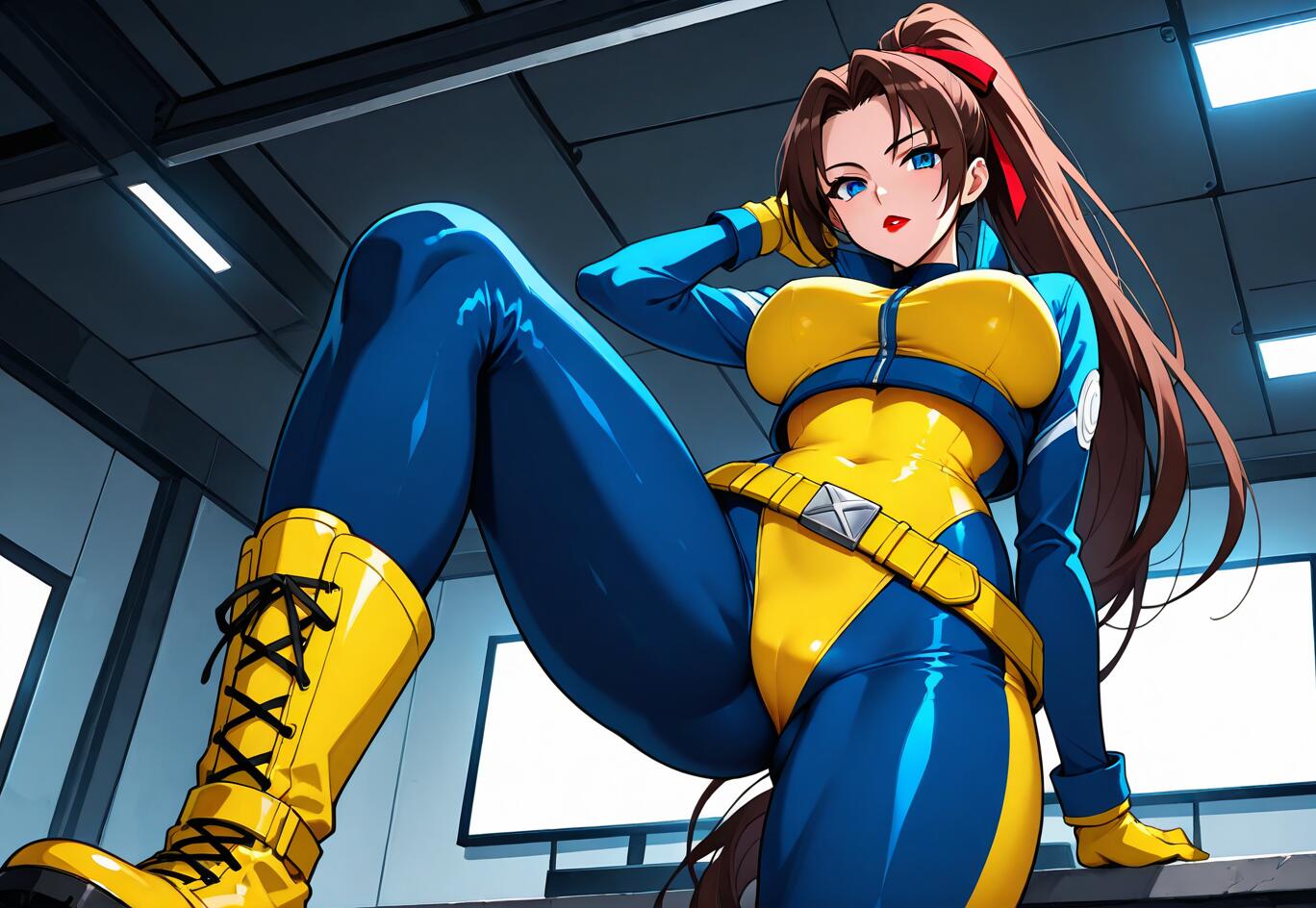 Una ripresa dal basso di Jean Grey degli X-Men, che indossa la sua classica tuta da allenamento blu e gialla, e posa con sicurezza, con i lunghi capelli castani raccolti in una coda di cavallo.
