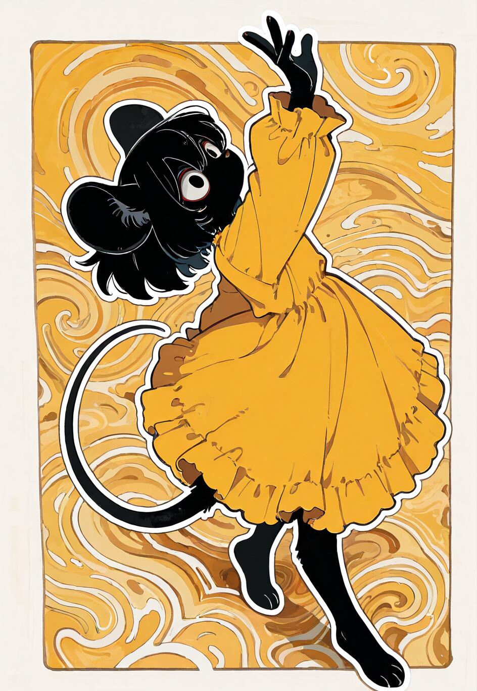 Un’illustrazione digitale che raffigura una bambina-topo nera, in stile cartone animato, che indossa un ampio abito giallo e balla su uno sfondo giallo e crema con motivi a spirale.