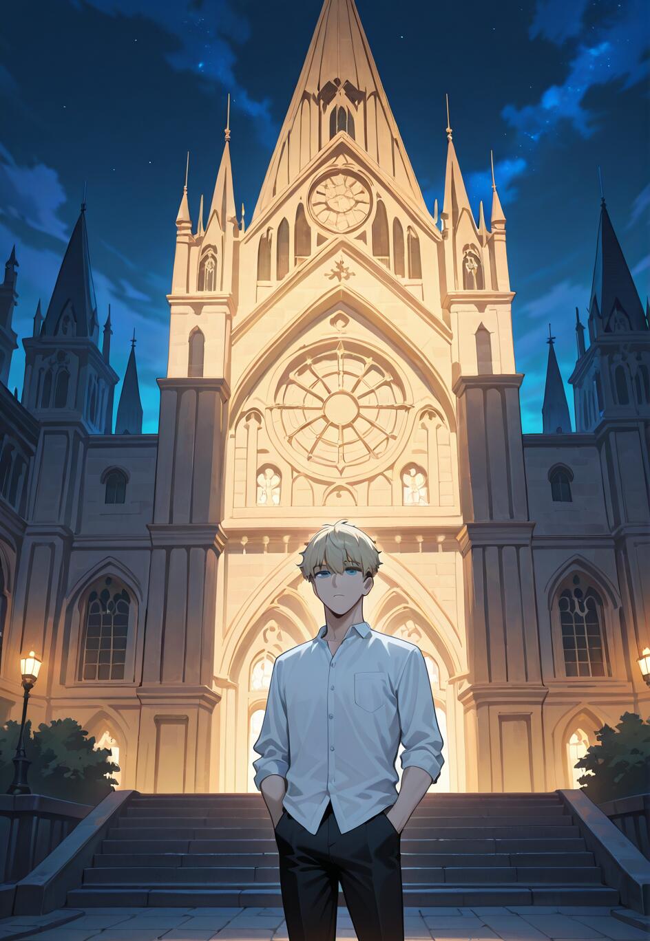 Un’illustrazione in stile anime di Loid Forger, personaggio di Spy x Family, che si trova su dei gradini di pietra di fronte a un’imponente cattedrale gotica illuminata, di notte. Ha i capelli biondi e gli occhi azzurri, indossa una camicia bianca con il colletto e pantaloni neri, con le mani in tasca, e guarda verso lo spettatore.