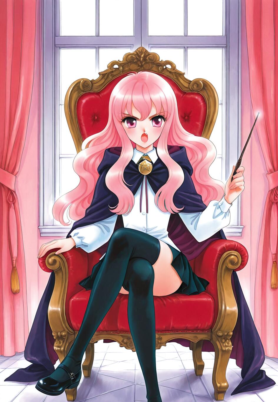 Un’illustrazione in stile anime che raffigura Louise, personaggio della serie «The Familiar of Zero», una giovane ragazza con lunghi capelli rosa e una bacchetta magica, seduta su un elaborato trono rosso di fronte a una finestra.