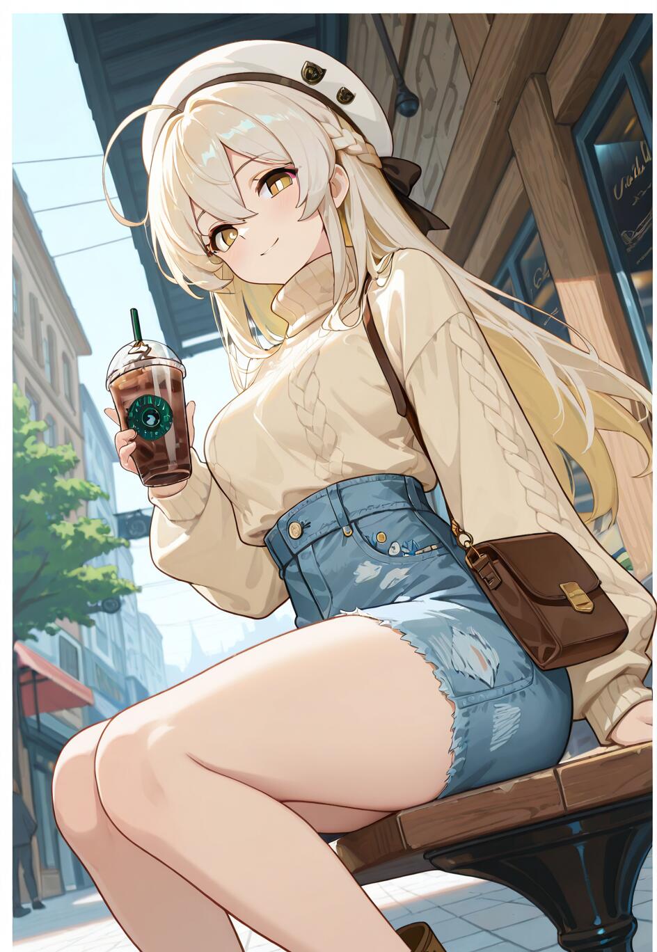 Lumine, personaggio del videogioco Genshin Impact, è una bellissima ragazza in stile anime, con lunghi capelli biondi, seduta su una panchina in città. Indossa un abbigliamento casual, composto da un maglione e pantaloncini di jeans, e sorride mentre tiene in mano un caffè freddo.