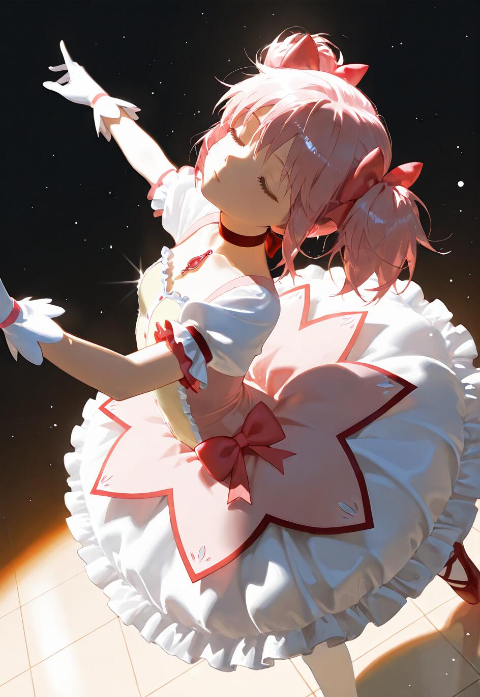 Madoka Kaname, tratta da Puella Magi Madoka Magica, indossa un abito rosa e bianco in stile da ballerina e danza con grazia sotto un riflettore, con gli occhi chiusi, sullo sfondo di un cielo stellato.