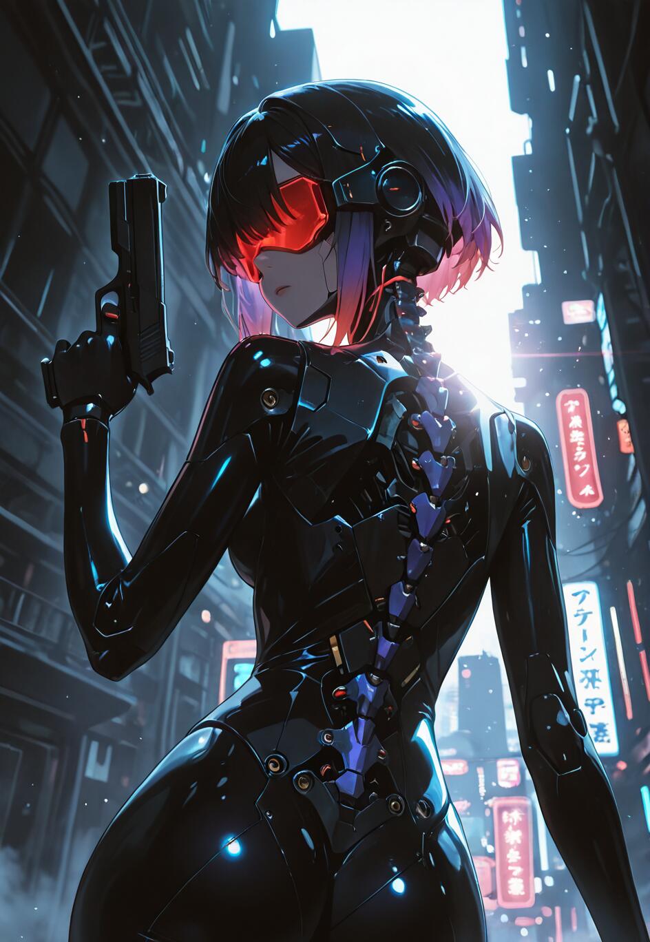 Un’illustrazione in stile anime che raffigura Motoko Kusanagi, il cyborg protagonista di Ghost in the Shell. Ha i capelli corti di colore viola, indossa una visiera rossa ed è vestita con una tuta cibernetica nera che lascia scoperta la colonna vertebrale meccanica. Tiene in mano una pistola e, voltandosi, osserva la città futuristica illuminata dai neon durante la notte.