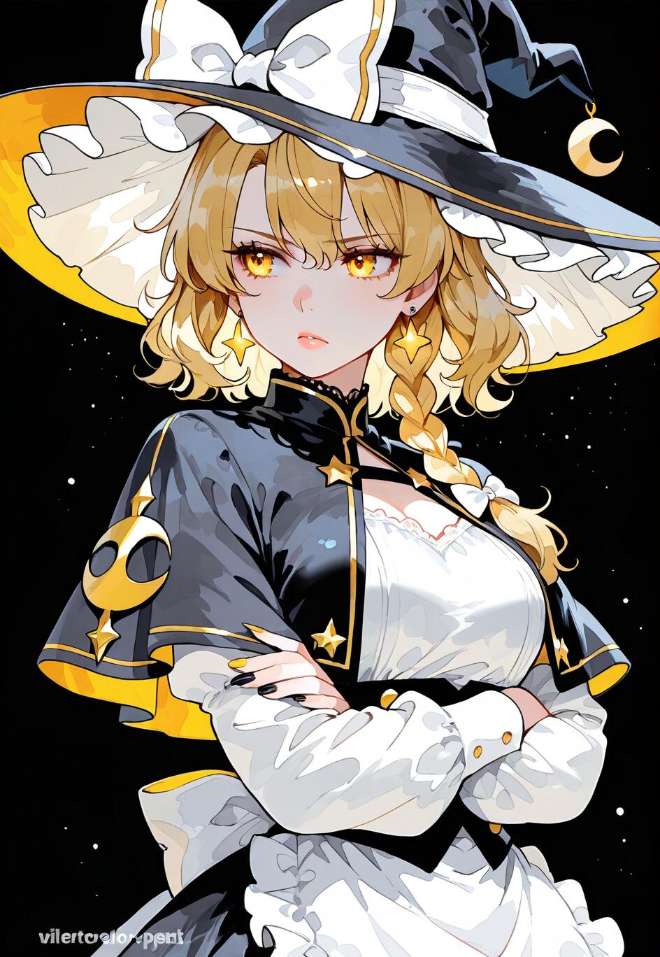 Un’illustrazione in stile anime che raffigura Marisa Kirisame, personaggio del Touhou Project. Una strega bionda con occhi gialli luminosi, indossa un grande cappello nero con un fiocco bianco e un abito bianco e nero, ed è ritratta in piedi, con le braccia incrociate, su uno sfondo nero costellato di stelle.