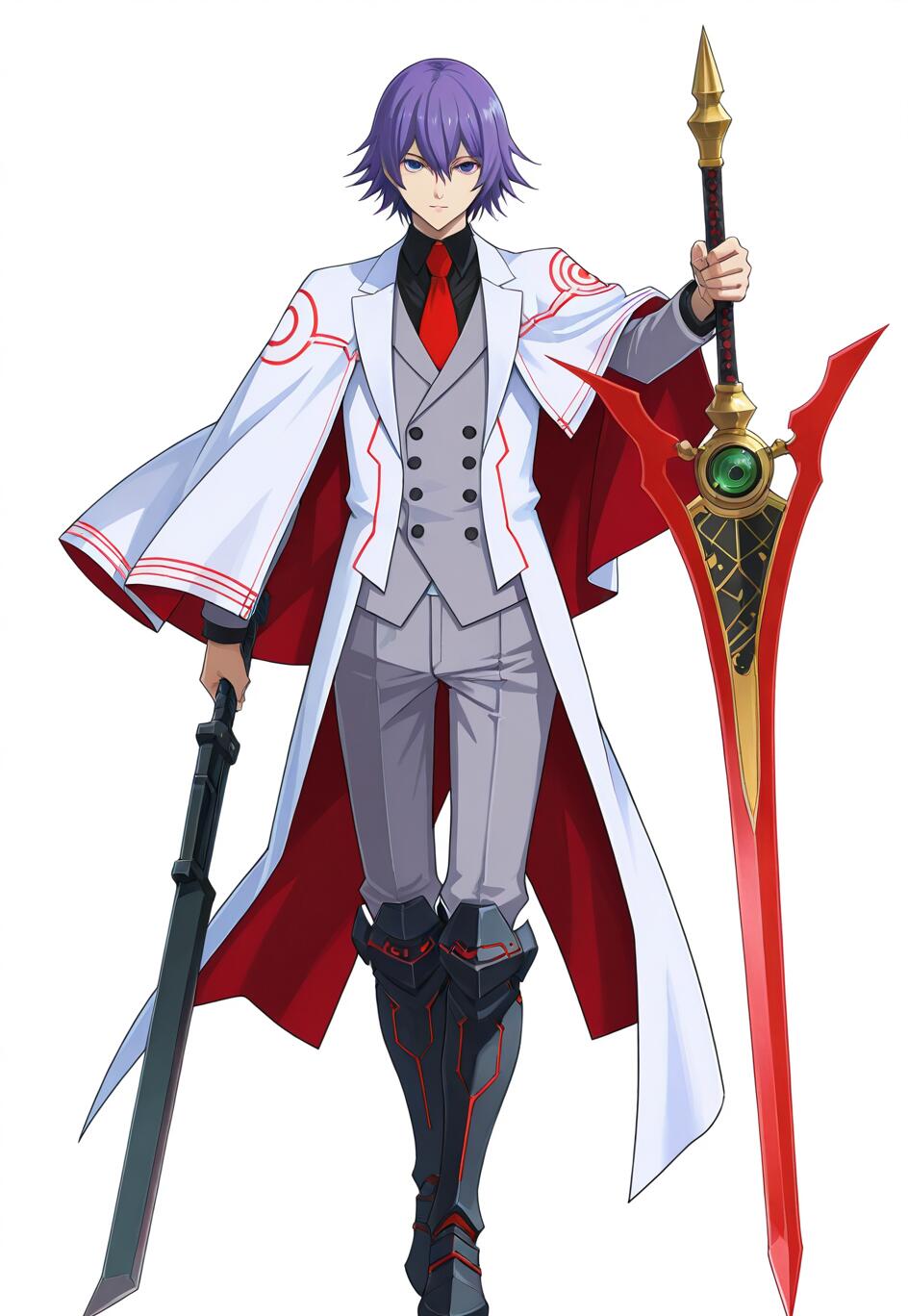 Rappresentazione completa del personaggio del videogioco Mcburn, proveniente dalla serie Trails of Cold Steel. L’uomo, con i capelli viola, indossa un cappotto bianco e un abito grigio, e tiene in mano una grande spada rossa e dorata, con il fodero nero, su uno sfondo bianco e uniforme.