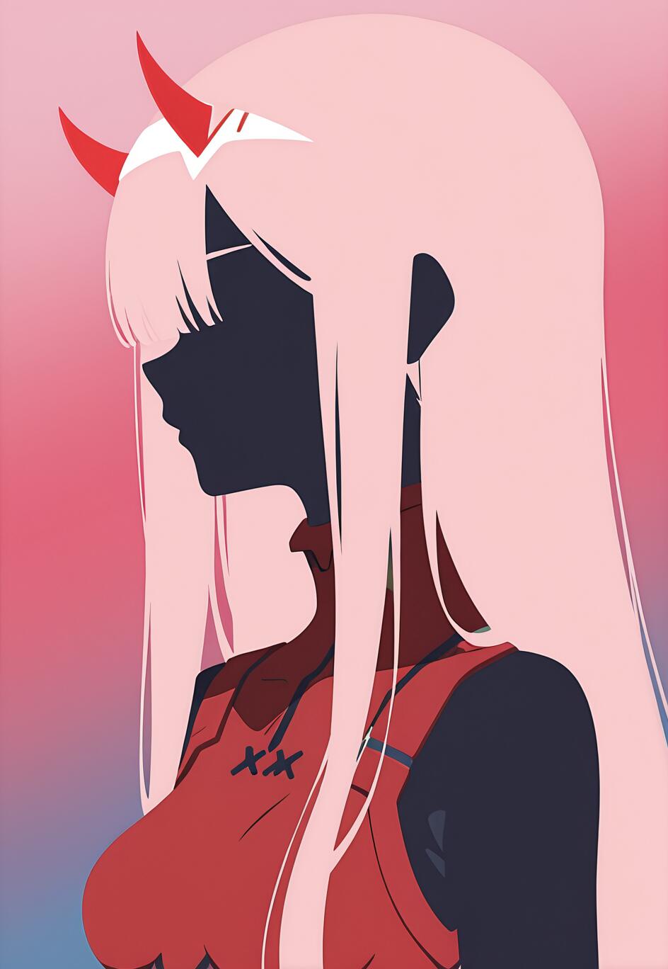 Un’illustrazione minimalista che mostra il profilo laterale del personaggio anime Zero Two. Ha lunghi capelli rosa, corna rosse e indossa una tuta rossa. Il suo volto e il suo corpo sono rappresentati come una sagoma scura su uno sfondo sfumato di colori rosa e blu.