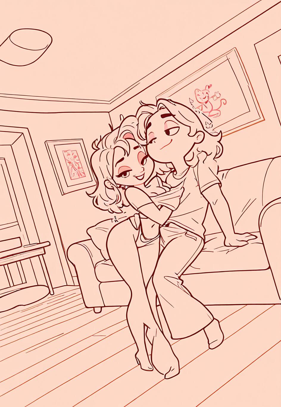 Un disegno a linea, in stile cartone animato, raffigura un uomo e una donna che si abbracciano in modo giocoso in un salotto. L’uomo, seduto sul bracciolo di un divano, solleva la parte superiore del vestito della donna, che è in piedi di fronte a lui; entrambi si sorridono.