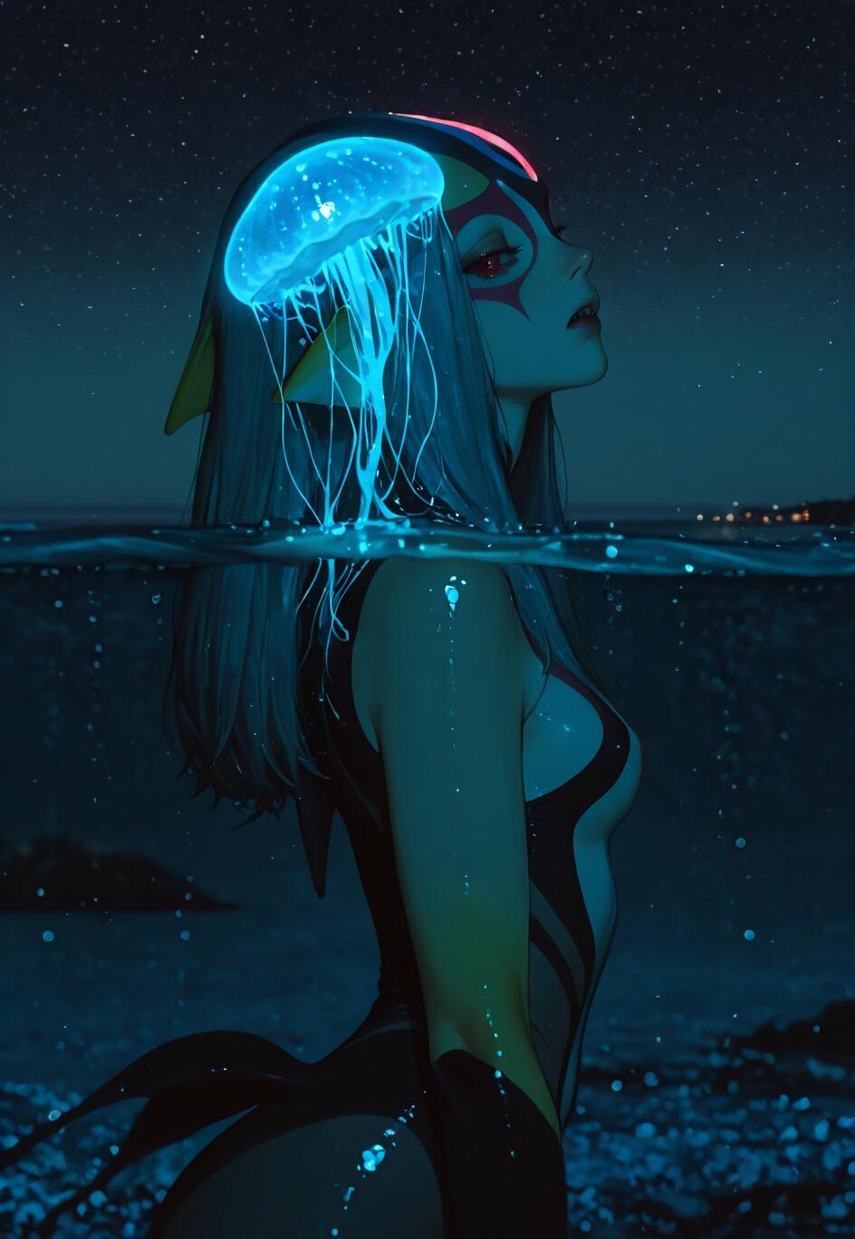 Un’illustrazione del personaggio anime Mutio, proveniente da Blue Submarine No. 6, che si trova nell’oceano di notte. Una grande medusa blu bioluminescente le fa da cappello, illuminandole il viso e i capelli grigi sullo sfondo del cielo stellato.