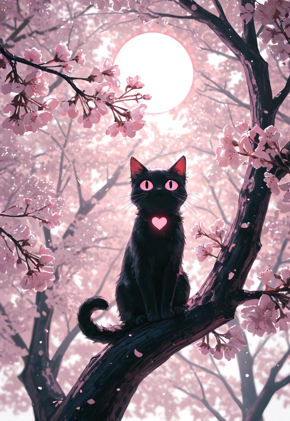 Un gatto nero, con grandi occhi rosa e un cuore rosa luminoso sul petto, è seduto su un ramo di un ciliegio in fiore, sotto una luna piena e bianca.