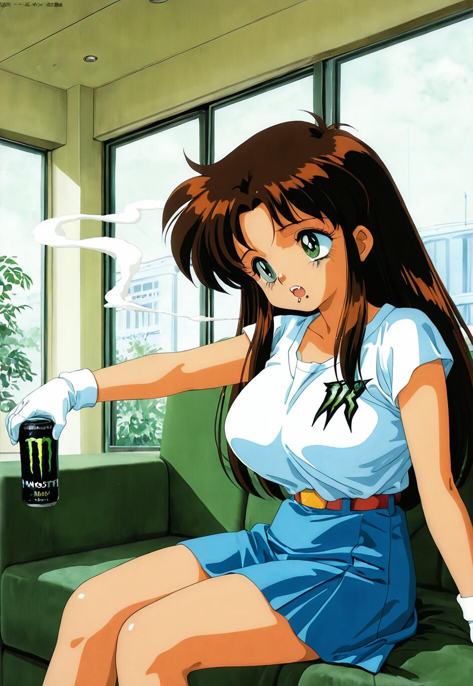 Un’illustrazione in stile anime degli anni ’90 che raffigura Natsumi Tsujimoto, personaggio della serie «You’re Under Arrest», seduta su un divano verde e con in mano una lattina di Monster Energy, mentre del fumo si alza nelle vicinanze.