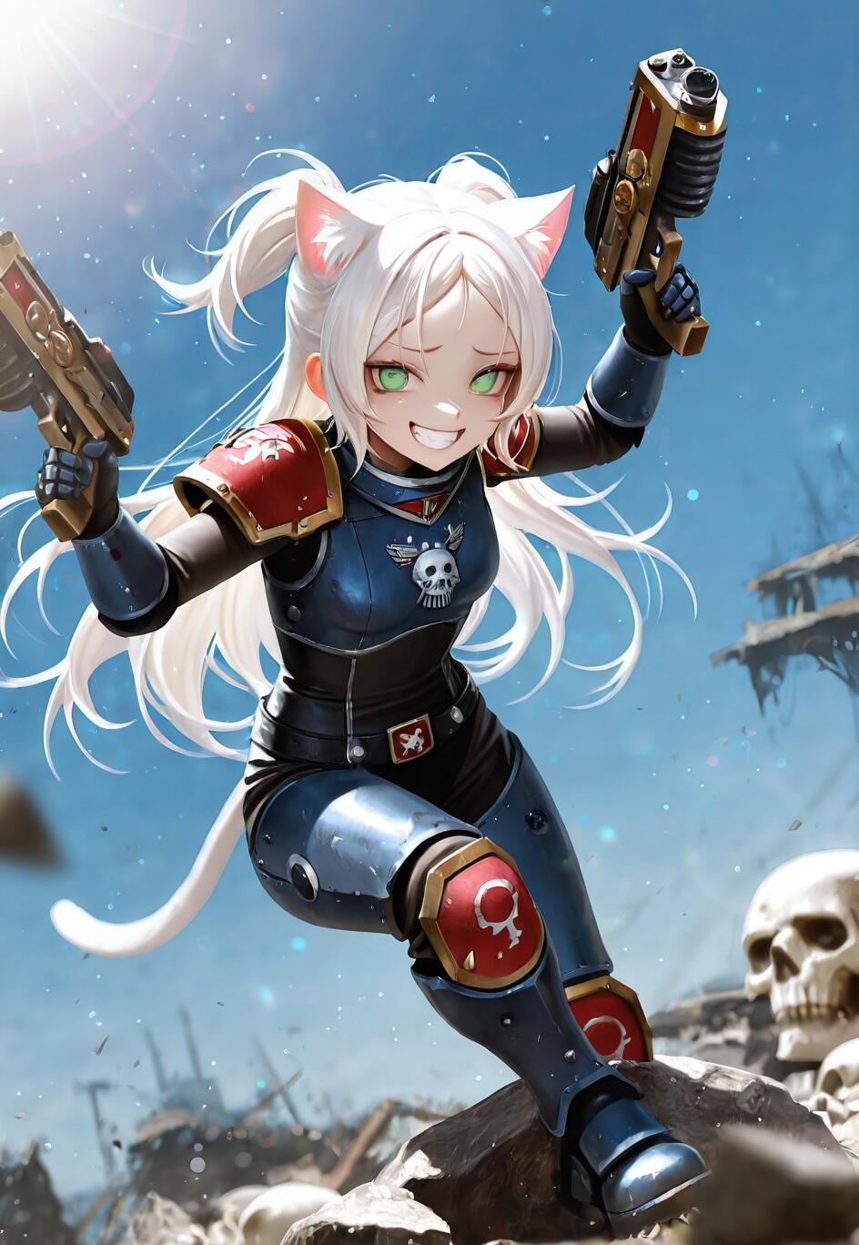 Una ragazza-gatto in stile anime, con capelli bianchi e occhi verdi, indossa un’armatura potenziata blu e rossa, simile a quella di Warhammer 40k, e maneggia con gioia due pistole in un campo di battaglia desolato.