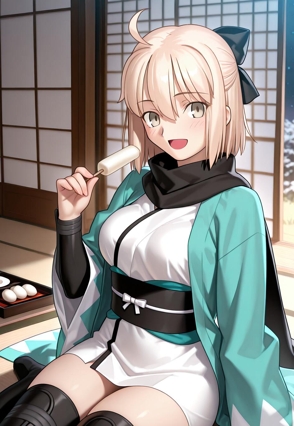 Okita Souji, un personaggio biondo di un anime tratto da Fate/Grand Order, sorride dolcemente mentre è seduta in una stanza tradizionale giapponese e tiene in mano un dango. Indossa un haori color turchese sopra un kimono bianco.