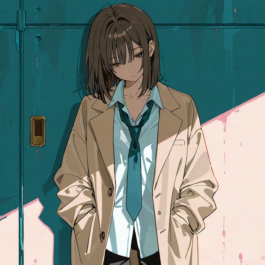 Un’illustrazione in stile anime che raffigura una giovane donna con i capelli corti e castani, che indossa un cappotto color beige sopra una camicia bianca e una cravatta allentata. È in piedi, con le mani nelle tasche, di fronte a una parete color verde acqua, e guarda in basso con un’espressione malinconica.