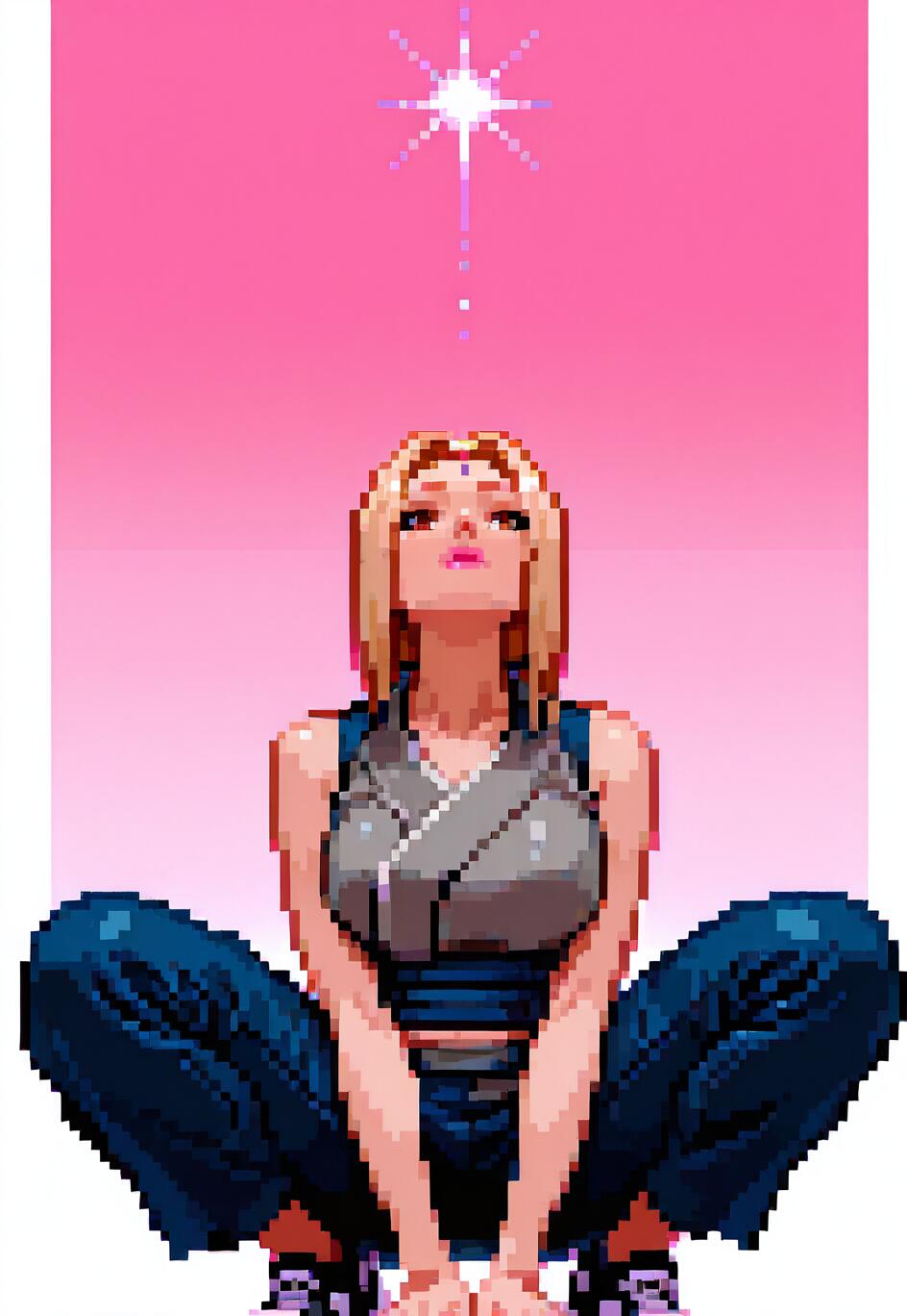 Una rappresentazione in pixel art di Tsunade, personaggio della serie Naruto, raffigurata in posizione accovacciata, mentre guarda verso un’unica stella luminosa su uno sfondo rosa.