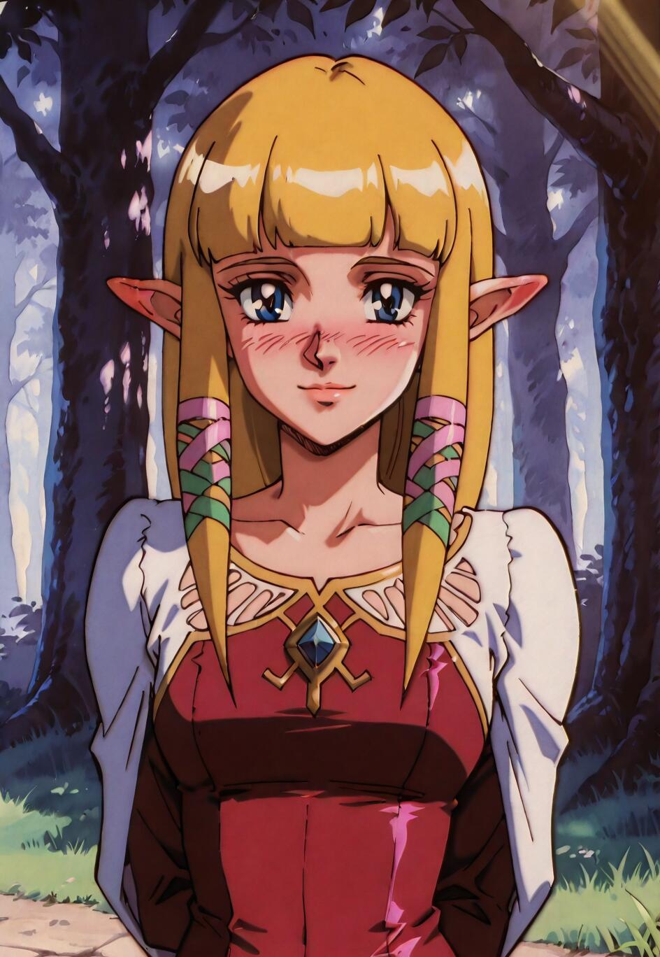 Un’illustrazione della principessa Zelda tratta da Skyward Sword, realizzata nello stile degli anime degli anni ’90. Ha lunghi capelli biondi, orecchie a punta e occhi azzurri, ed è leggermente arrossata con un dolce sorriso. Indossa un abito rosa e rosso con uno scialle bianco, ed è ambientata in una foresta.