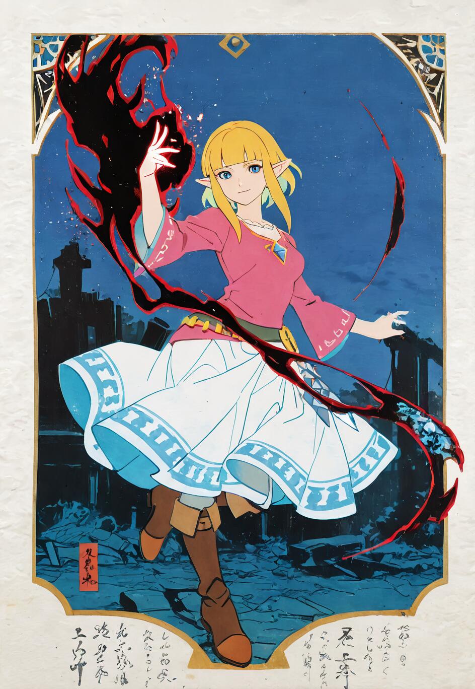 Un’illustrazione a figura intera della principessa Zelda tratta da The Legend of Zelda: Skyward Sword, realizzata nello stile delle stampe giapponesi ukiyo-e. Ha i capelli biondi e un leggero sorriso mentre lancia un incantesimo magico vorticoso, di colore nero e rosso, con la mano destra. Lo sfondo mostra delle rovine scure su un cielo notturno blu intenso e stellato.