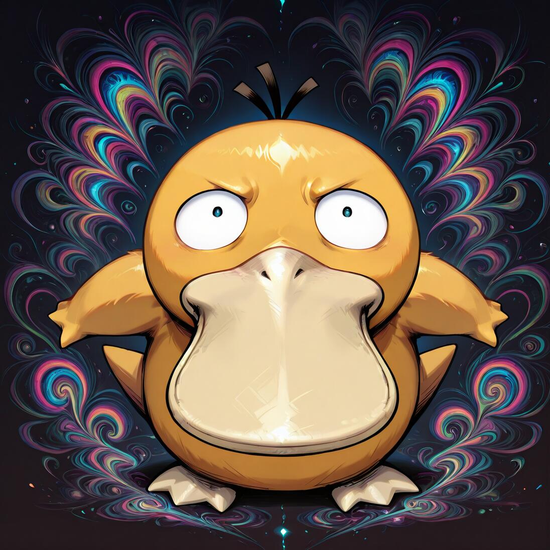 Il Pokémon Psyduck è in primo piano, con un’espressione confusa e preoccupata, occhi spalancati e sopracciglia aggrottate. Dietro di lui, uno sfondo scuro è illuminato da una serie simmetrica di vivaci motivi psichedelici, che ruotano in tonalità di rosa, blu, giallo e verde.