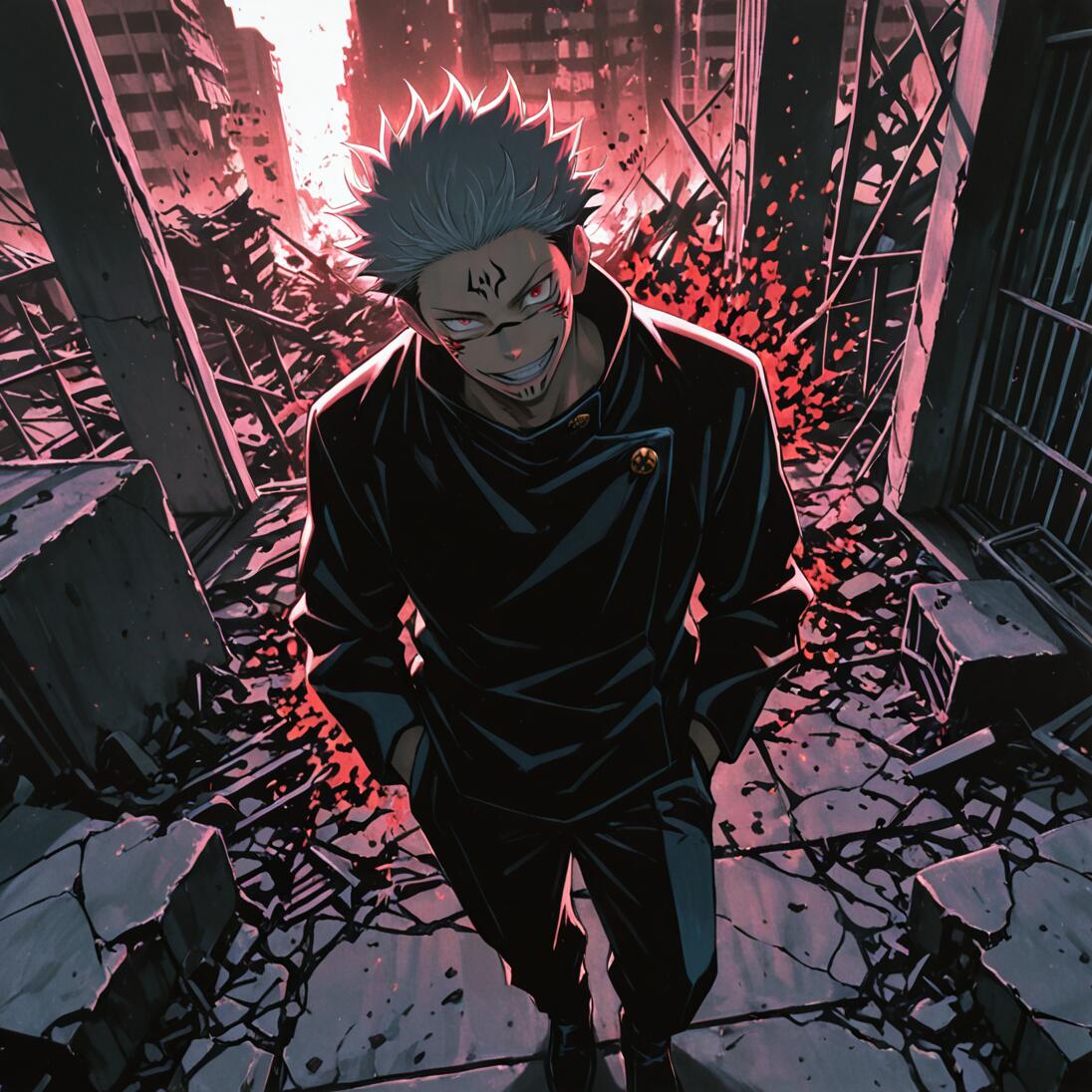 Ryomen Sukuna, personaggio di Jujutsu Kaisen, si trova in una città distrutta e, inquadrato da un’angolazione elevata, rivolge alla telecamera uno sguardo minaccioso e sprezzante.