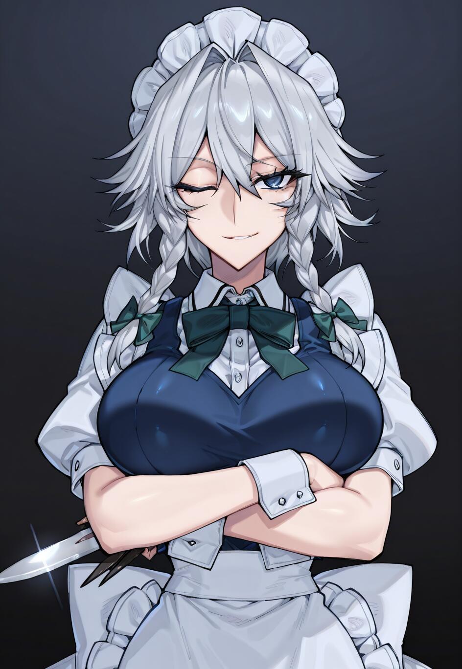 Sakuya Izayoi, personaggio del videogioco Touhou Project, è una cameriera con i capelli argentati intrecciati, che ammicca e sorride con aria sardonica, con le braccia incrociate e un coltello in mano, sullo sfondo di un'immagine scura.